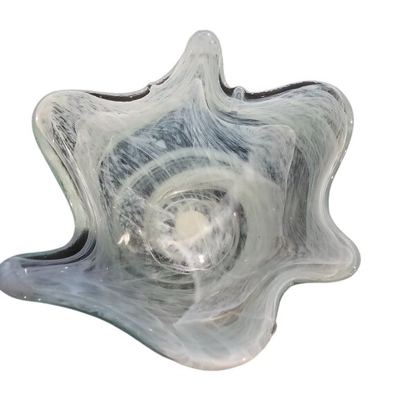 Hand Blown Recycled Glass Bowl Swirled Design Made in Spain Light Blue White - Picture 3 of 8